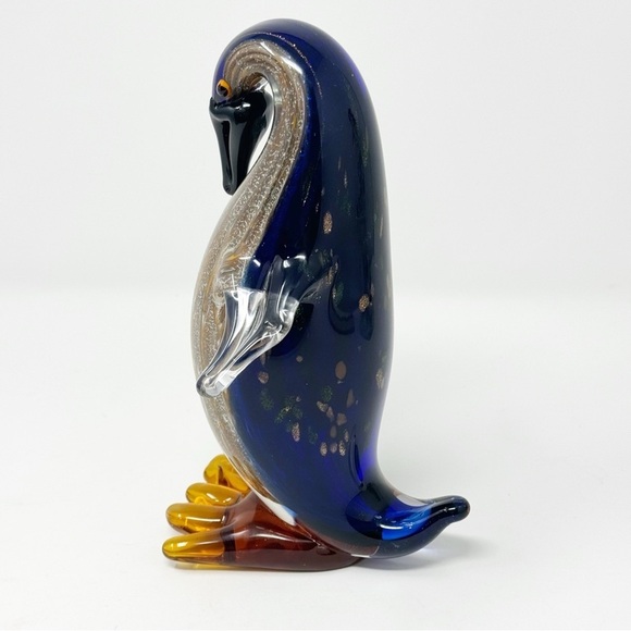 Vintage Art Glass Penguin, Cobalt Blue Gold Striped Handblown - Picture 4 of 12